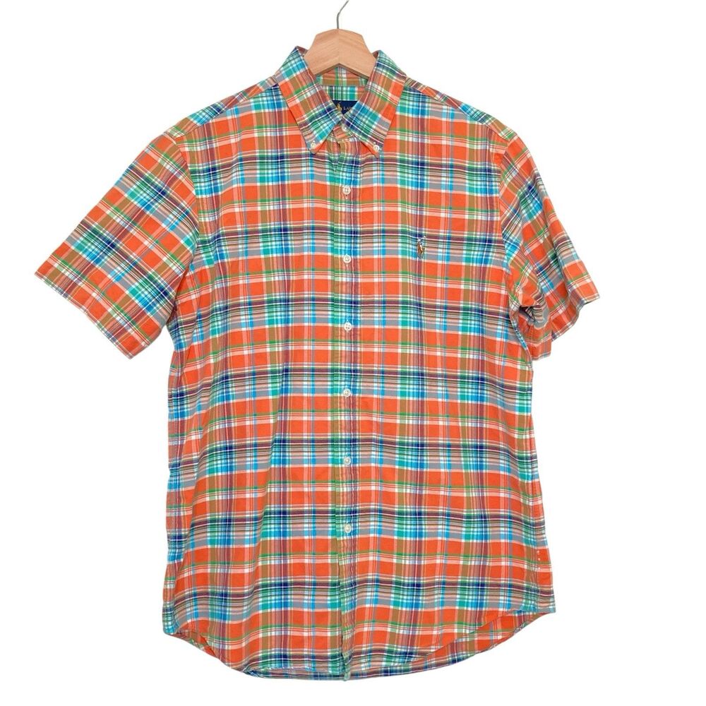 Ralph Lauren Shirt Men’s M Orange Plaid Short Sleeve Madras Oxford Flesh Pony